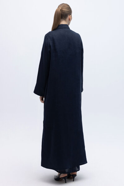 Düğmeli Uzun Keten Kap Lacivert - 4