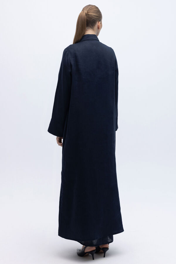 Düğmeli Uzun Keten Kap Lacivert - 4