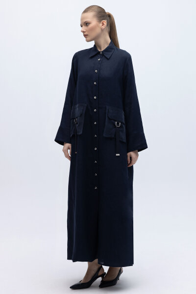 Düğmeli Uzun Keten Kap Lacivert - 5