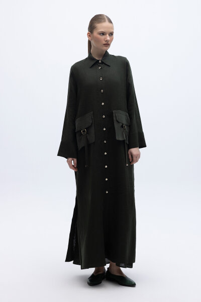 Düğmeli Uzun Keten Kap Haki 