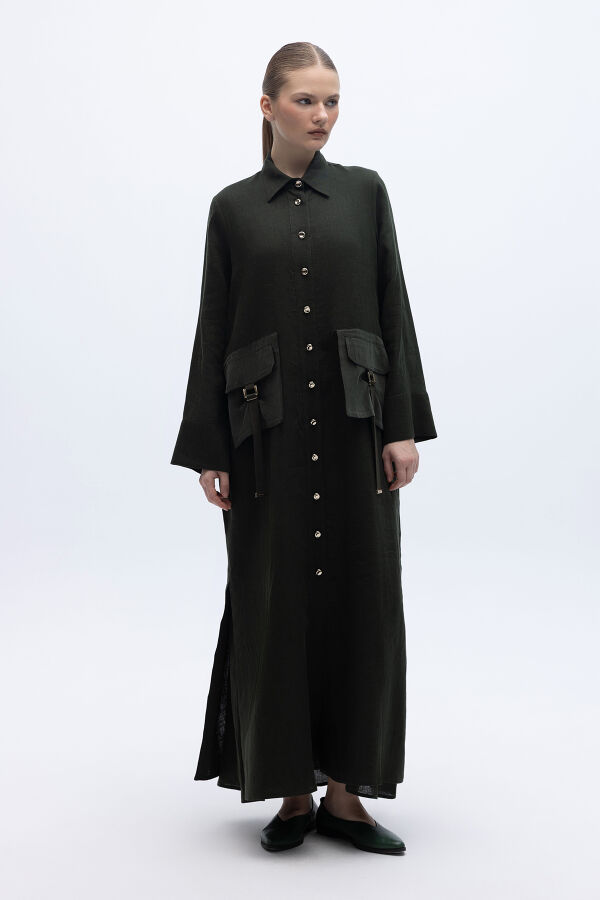 Düğmeli Uzun Keten Kap Haki - 1