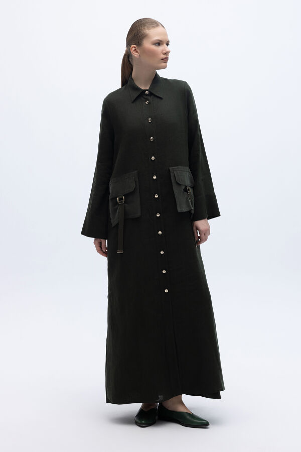 Düğmeli Uzun Keten Kap Haki - 2