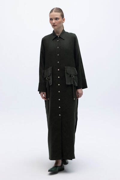 Düğmeli Uzun Keten Kap Haki - 3