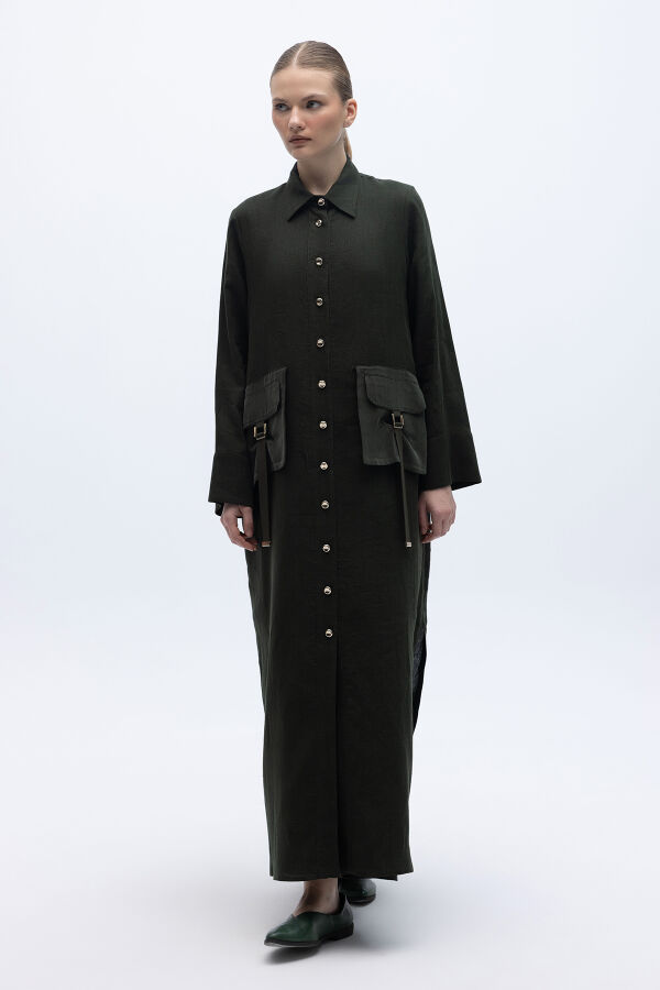 Düğmeli Uzun Keten Kap Haki - 3