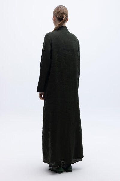 Düğmeli Uzun Keten Kap Haki - 4