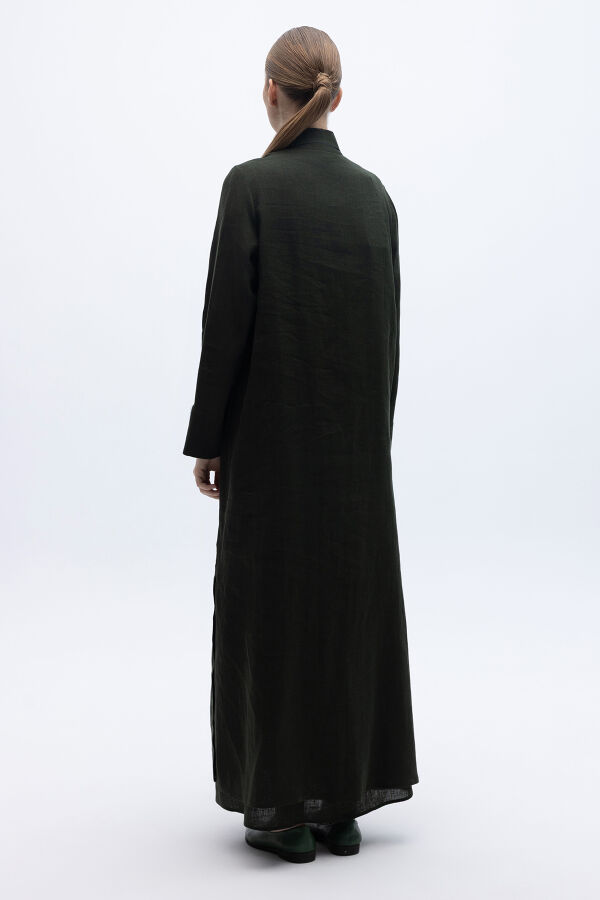 Düğmeli Uzun Keten Kap Haki - 4