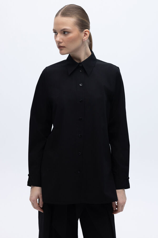 Düz Kesim Keten Gömlek Siyah - 1