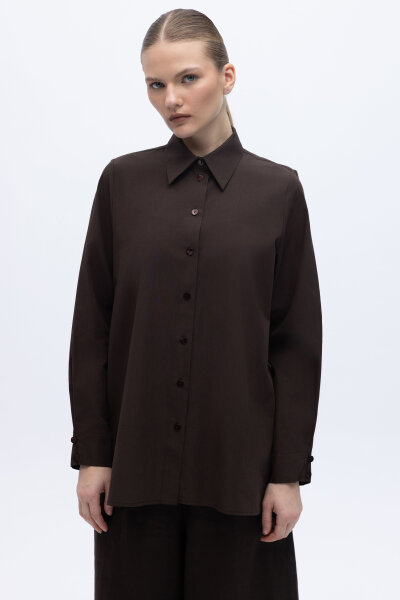 Düz Kesim Keten Gömlek Kahverengi 