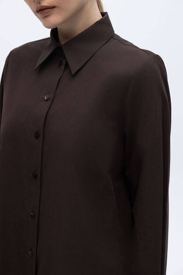 Düz Kesim Keten Gömlek Kahverengi - 2