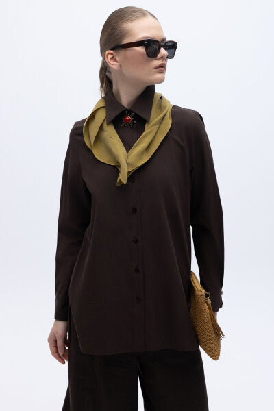 Düz Kesim Keten Gömlek Kahverengi - 3