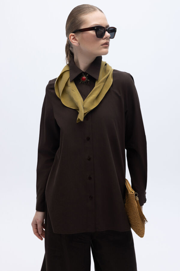 Düz Kesim Keten Gömlek Kahverengi - 3