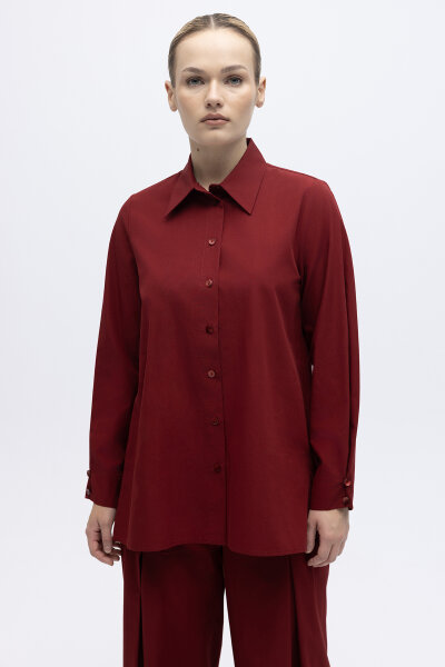 Düz Kesim Keten Gömlek Cherry - 1