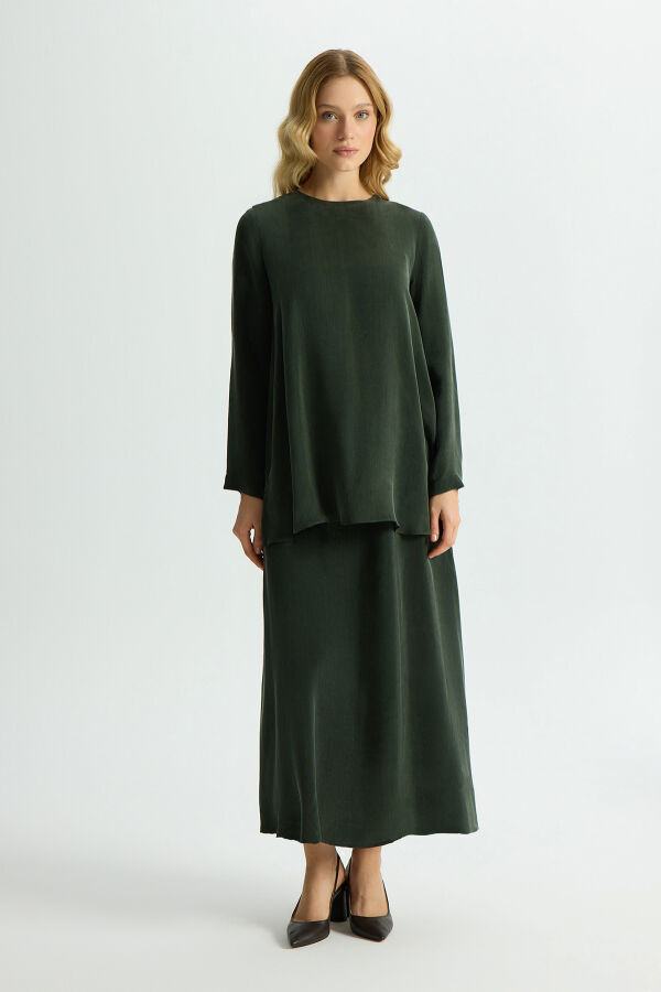 Düz Renk Cupro Etek Haki - 1