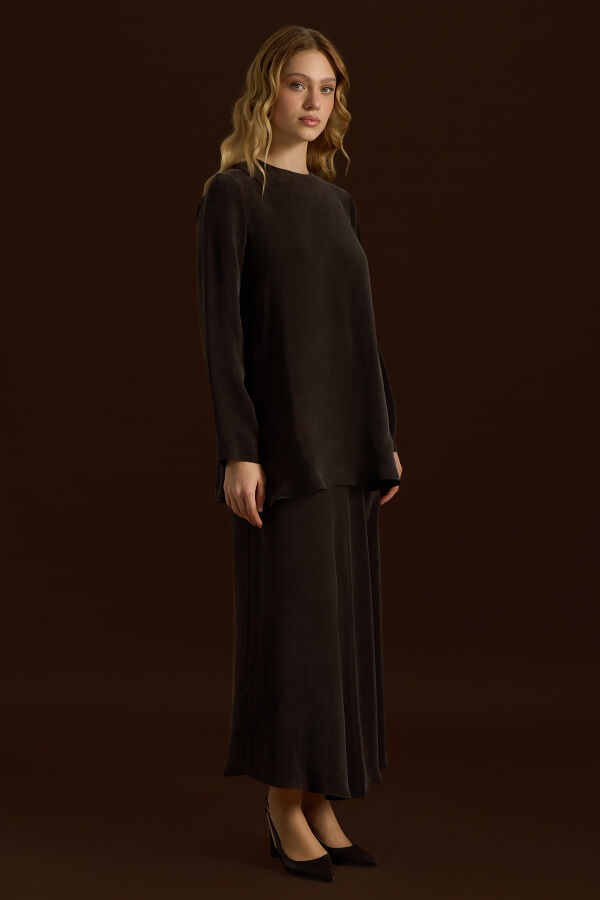 Düz Renk Cupro Etek Kahverengi - 4