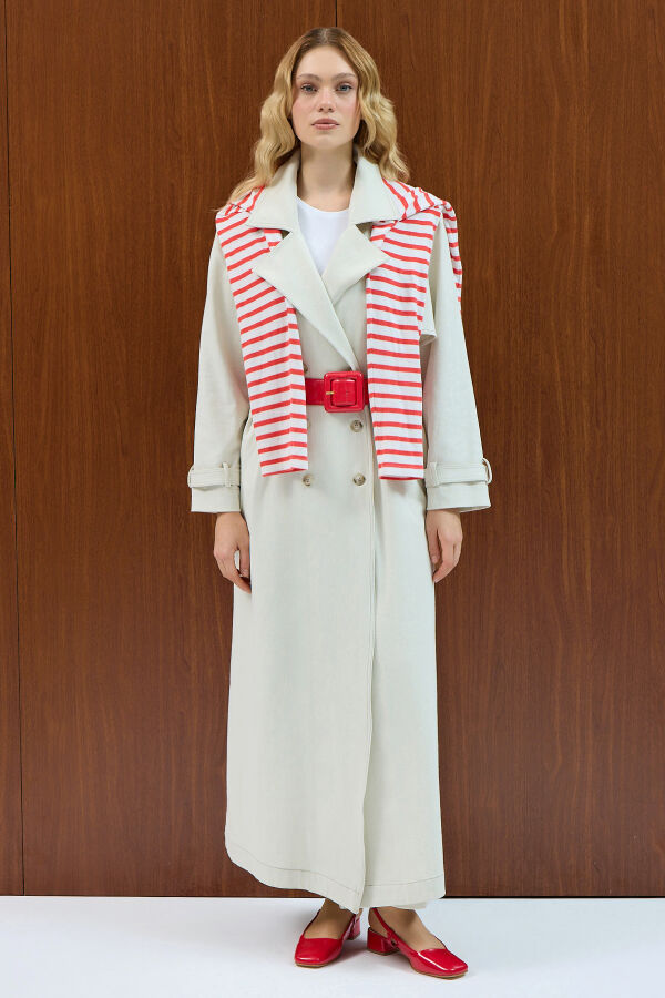 Düz Renk Denim Trenchkot Ekru - 1