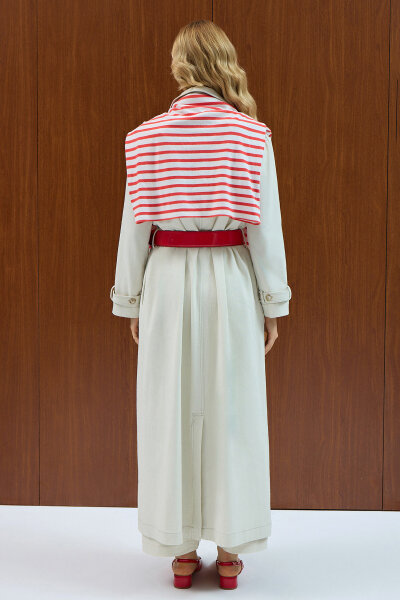 Düz Renk Denim Trenchkot Ekru - 3