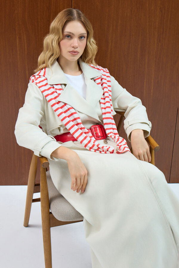 Düz Renk Denim Trenchkot Ekru - 4