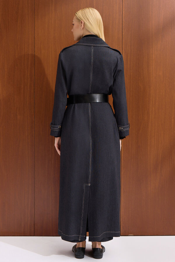 Düz Renk Denim Trenchkot Siyah - 3