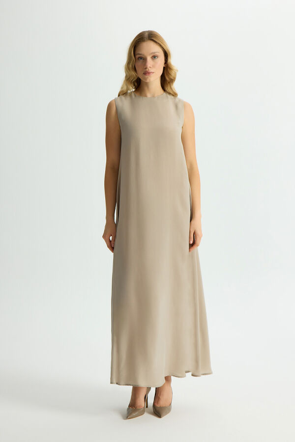 Düz Renk Kolsuz Cupro Elbise Stone - 1