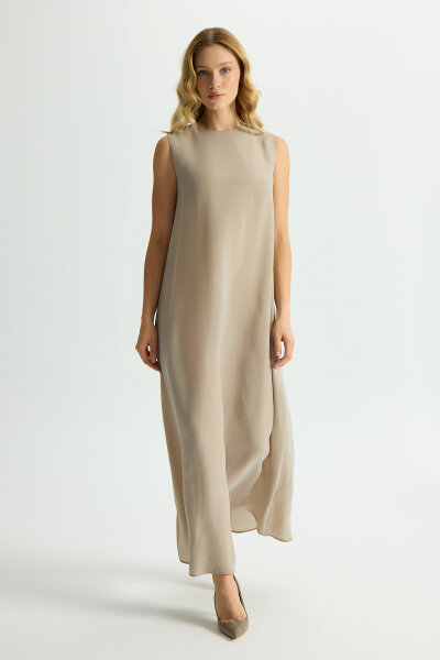 Düz Renk Kolsuz Cupro Elbise Stone - 3