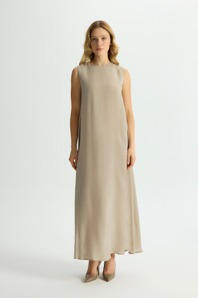 Düz Renk Kolsuz Cupro Elbise Stone 