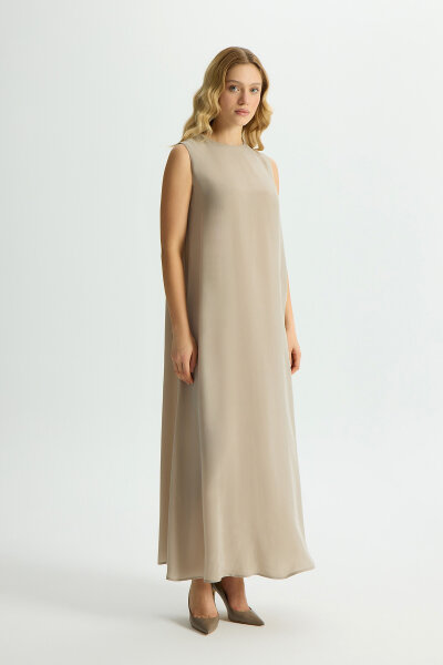 Düz Renk Kolsuz Cupro Elbise Stone - 2