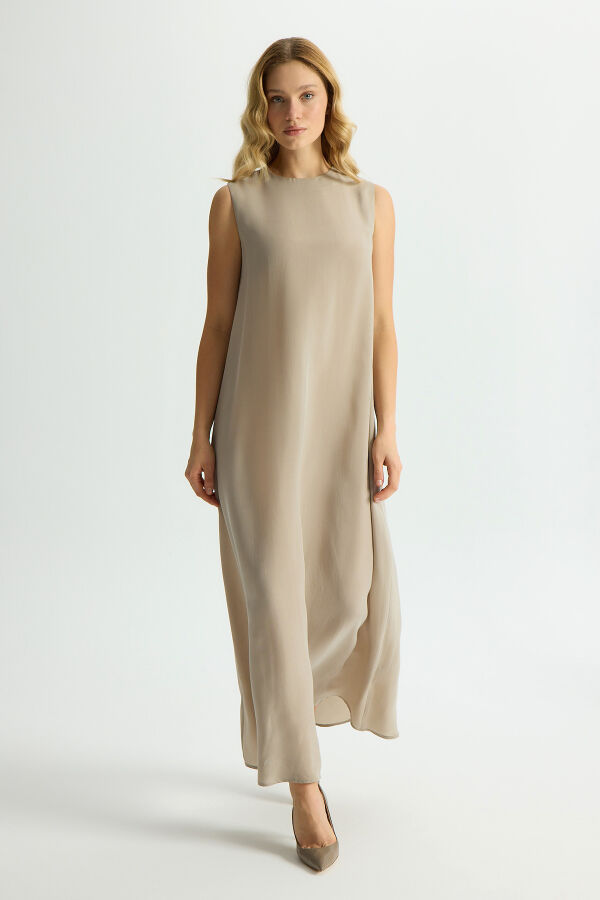 Düz Renk Kolsuz Cupro Elbise Stone - 3