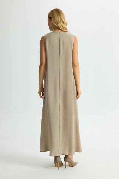Düz Renk Kolsuz Cupro Elbise Stone - 4