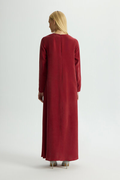 Düz Renk Uzun Kollu Cupro Elbise Cherry - 2