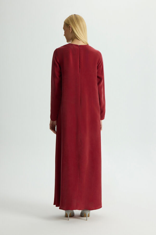 Düz Renk Uzun Kollu Cupro Elbise Cherry - 2