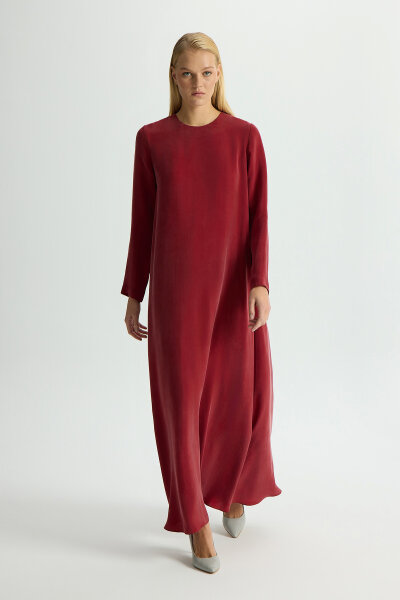 Düz Renk Uzun Kollu Cupro Elbise Cherry - 3