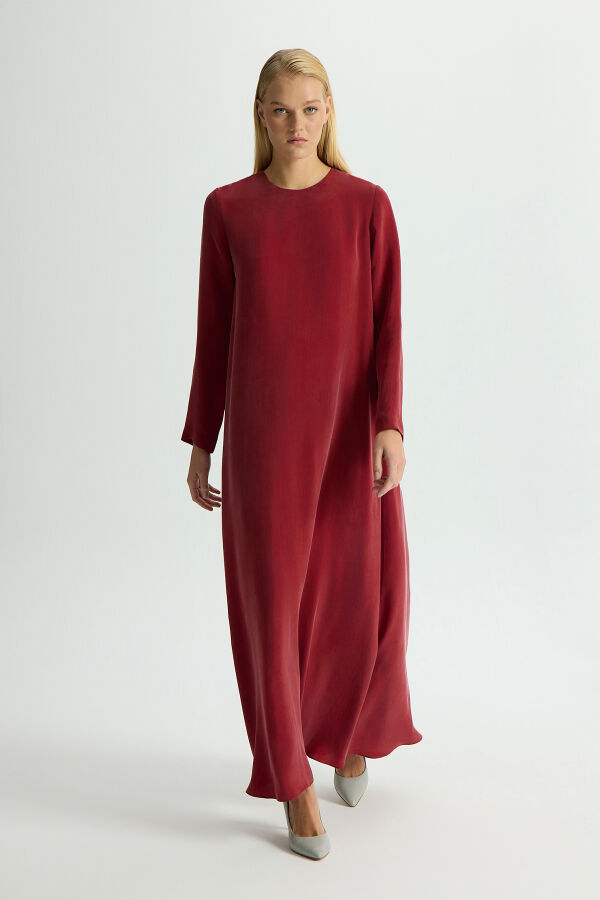 Düz Renk Uzun Kollu Cupro Elbise Cherry - 3