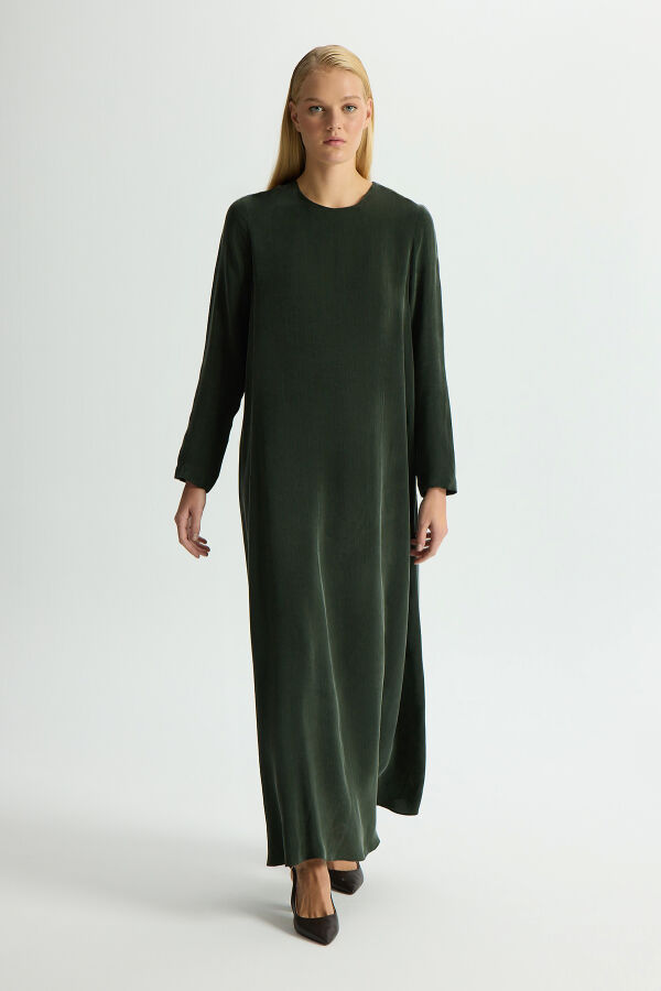 Düz Renk Uzun Kollu Cupro Elbise Haki - 2