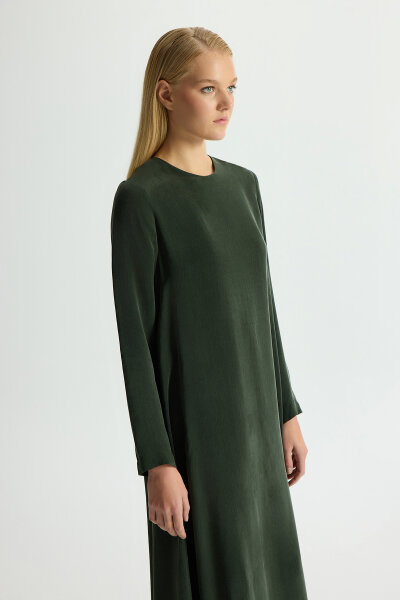 Düz Renk Uzun Kollu Cupro Elbise Haki - 4