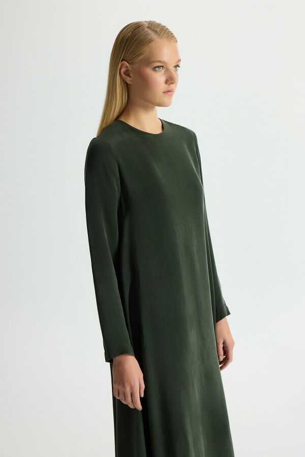 Düz Renk Uzun Kollu Cupro Elbise Haki - 4