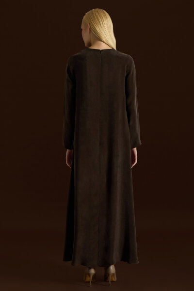 Düz Renk Uzun Kollu Cupro Elbise Kahverengi - 3