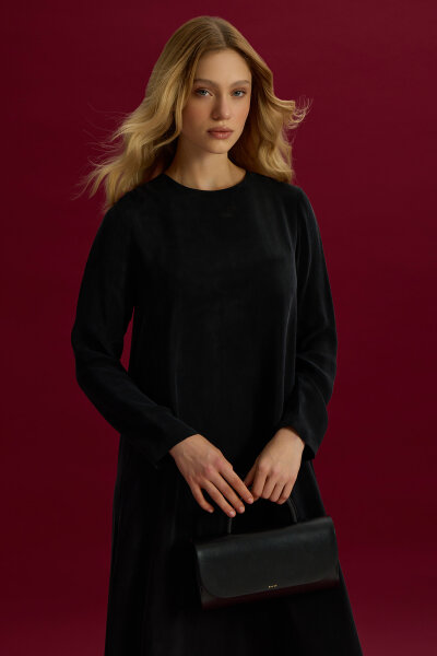 Solid Color Long Sleeve Cupro Dress - 3