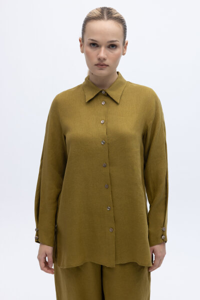 Erkek Yaka Düz Renk Keten Gömlek Amber 