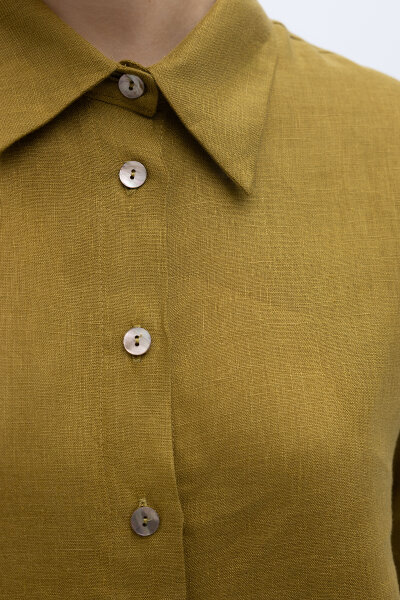 Erkek Yaka Düz Renk Keten Gömlek Amber - MISS DALIDA (1)