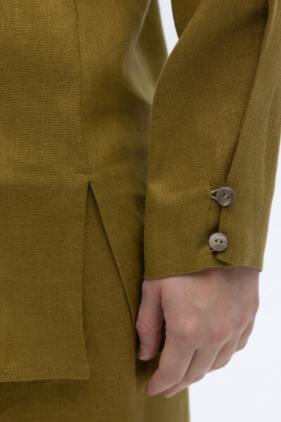 Erkek Yaka Düz Renk Keten Gömlek Amber - 5