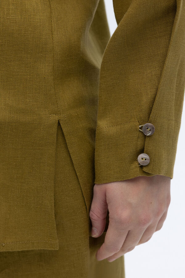 Erkek Yaka Düz Renk Keten Gömlek Amber - 5