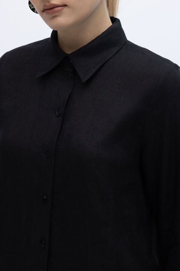 Erkek Yaka Düz Renk Keten Gömlek Siyah - 2