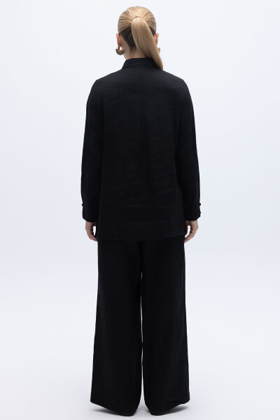 Erkek Yaka Düz Renk Keten Gömlek Siyah - 3