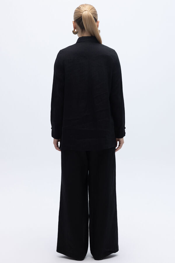 Erkek Yaka Düz Renk Keten Gömlek Siyah - 3