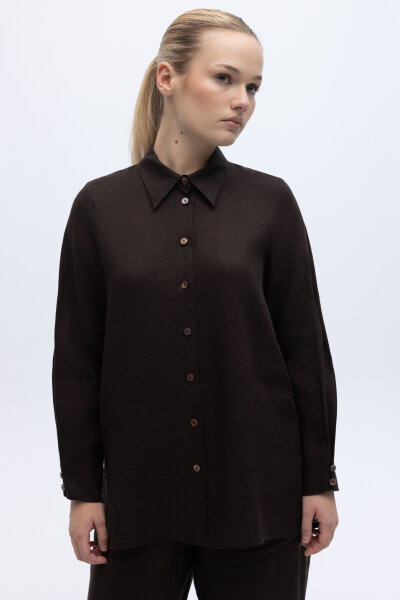 Erkek Yaka Düz Renk Keten Gömlek Kahverengi 