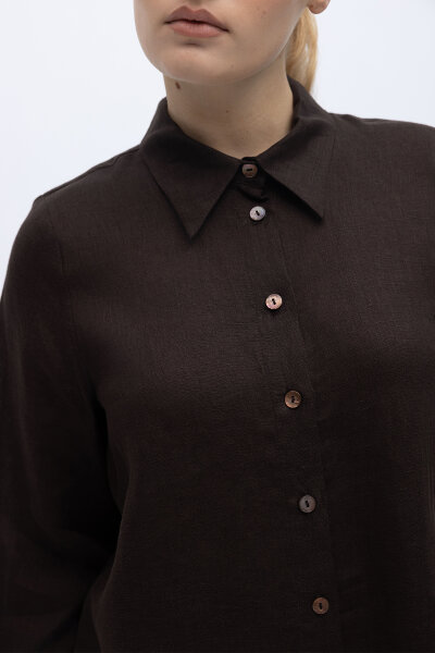 Erkek Yaka Düz Renk Keten Gömlek Kahverengi - 2