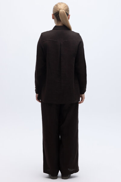 Erkek Yaka Düz Renk Keten Gömlek Kahverengi - 3