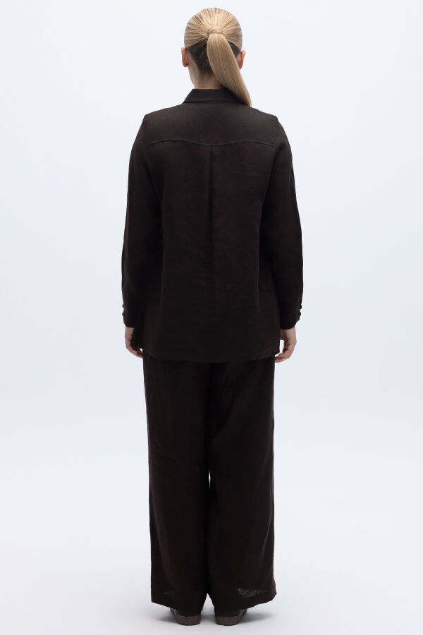 Erkek Yaka Düz Renk Keten Gömlek Kahverengi - 3