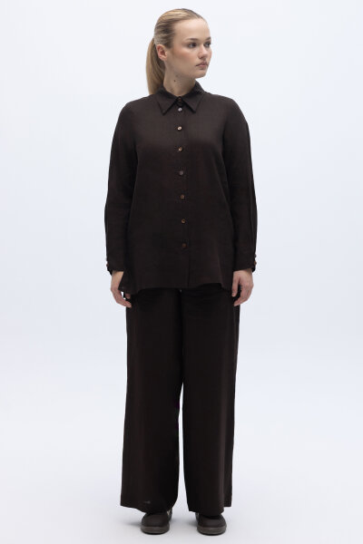 Erkek Yaka Düz Renk Keten Gömlek Kahverengi - 4