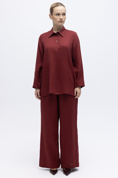 Erkek Yaka Düz Renk Keten Gömlek Cherry 